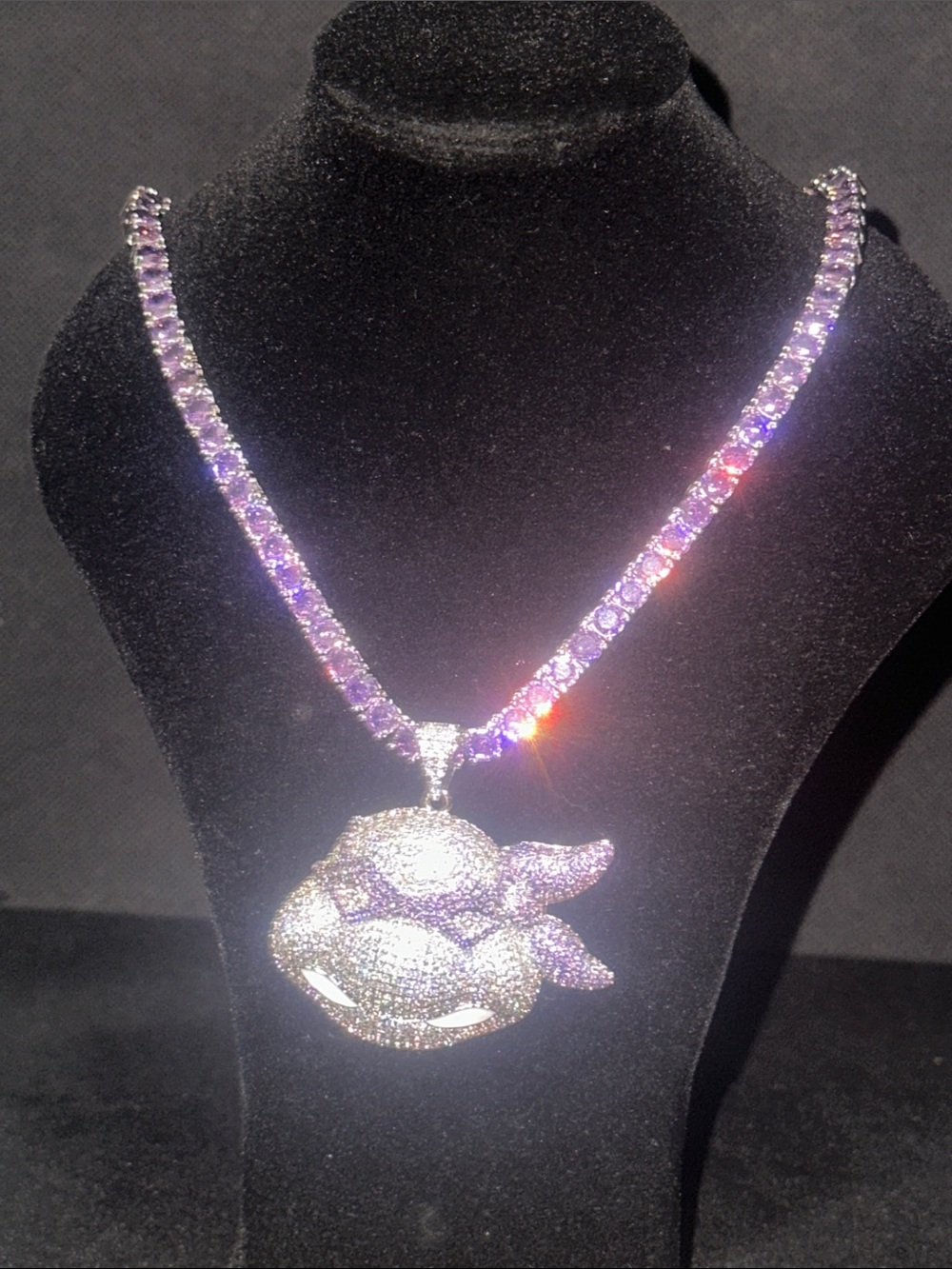 Silver and Purple Ninja Turtle Pendant Necklace with Purple Stone Tennis Chain